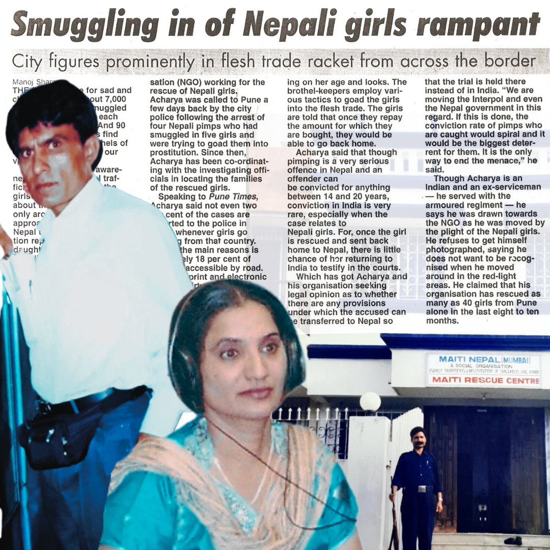 Press coverage of Rescue Foundation's investigations into cross-border trafficking, with co-founder Balkrishna Acharya and a rescue centre.